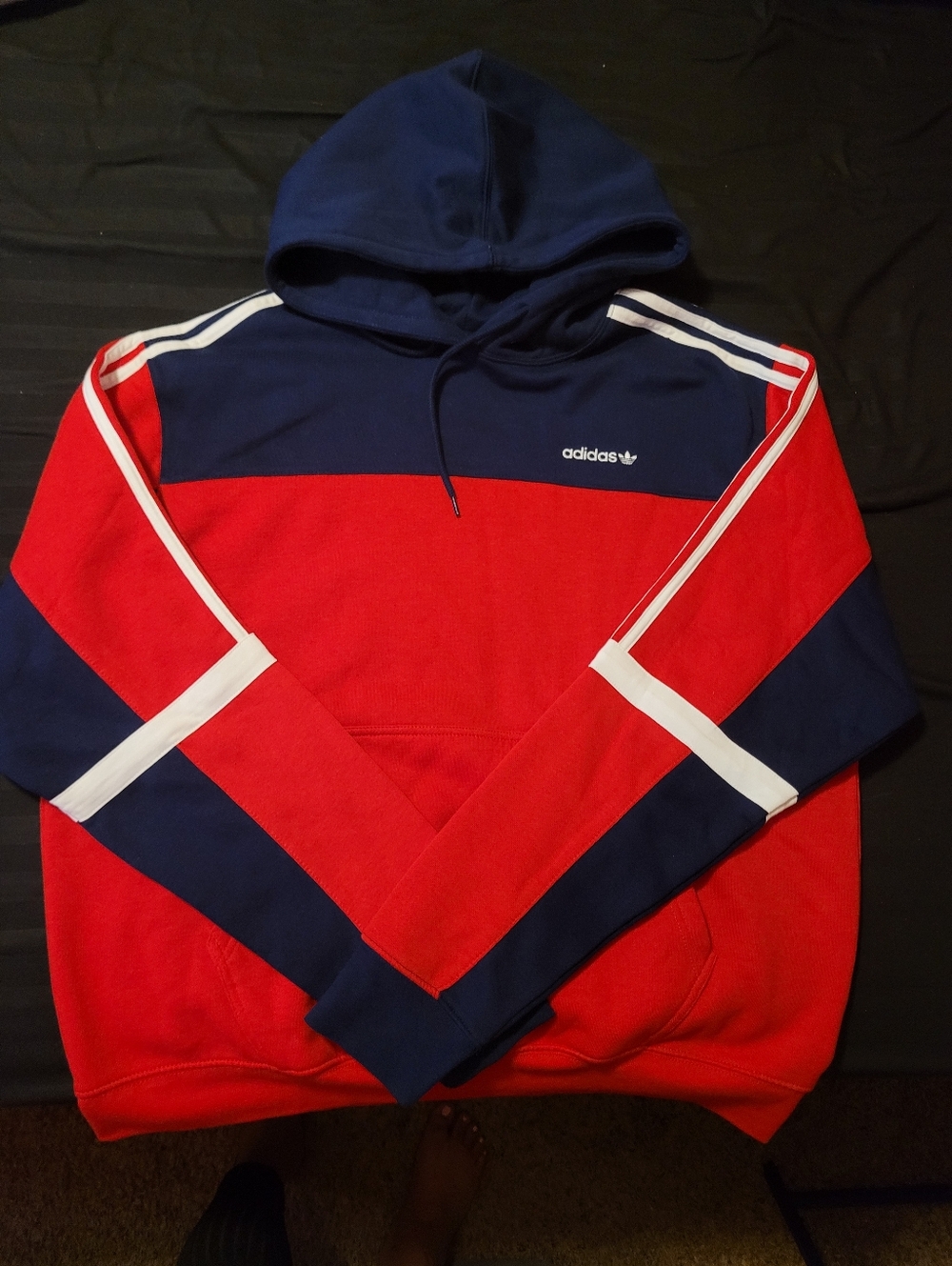 adidas Colorblock Red & Navy Pullover Hoodie with White Stripes